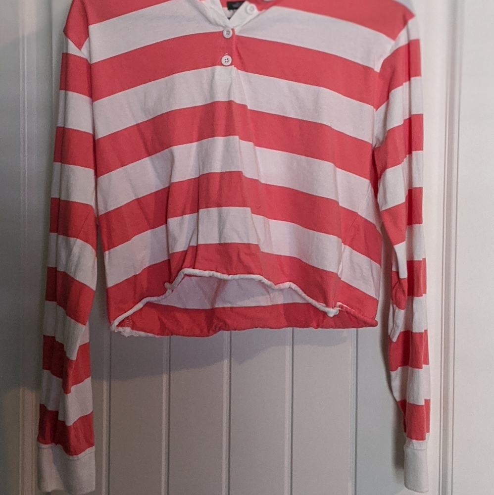 Coral and white striped long sleeved crop top